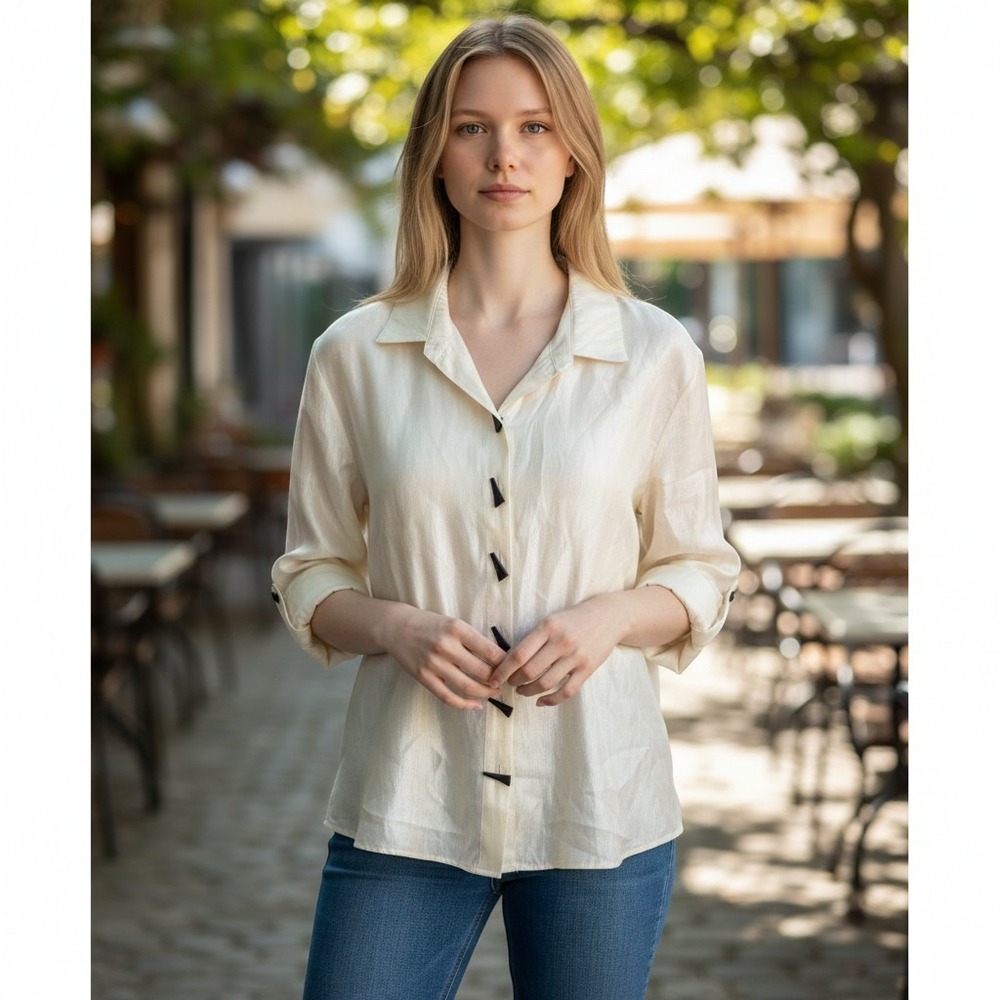 Multiples Button Up Shirt Womens XL Cream Shimmer Toggle Back Blouse